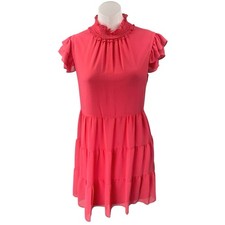 Eliza J Pink Short Flutter Sleeve Ruffle Mock Neck Tiered Mini A-Line Dress Sz 6