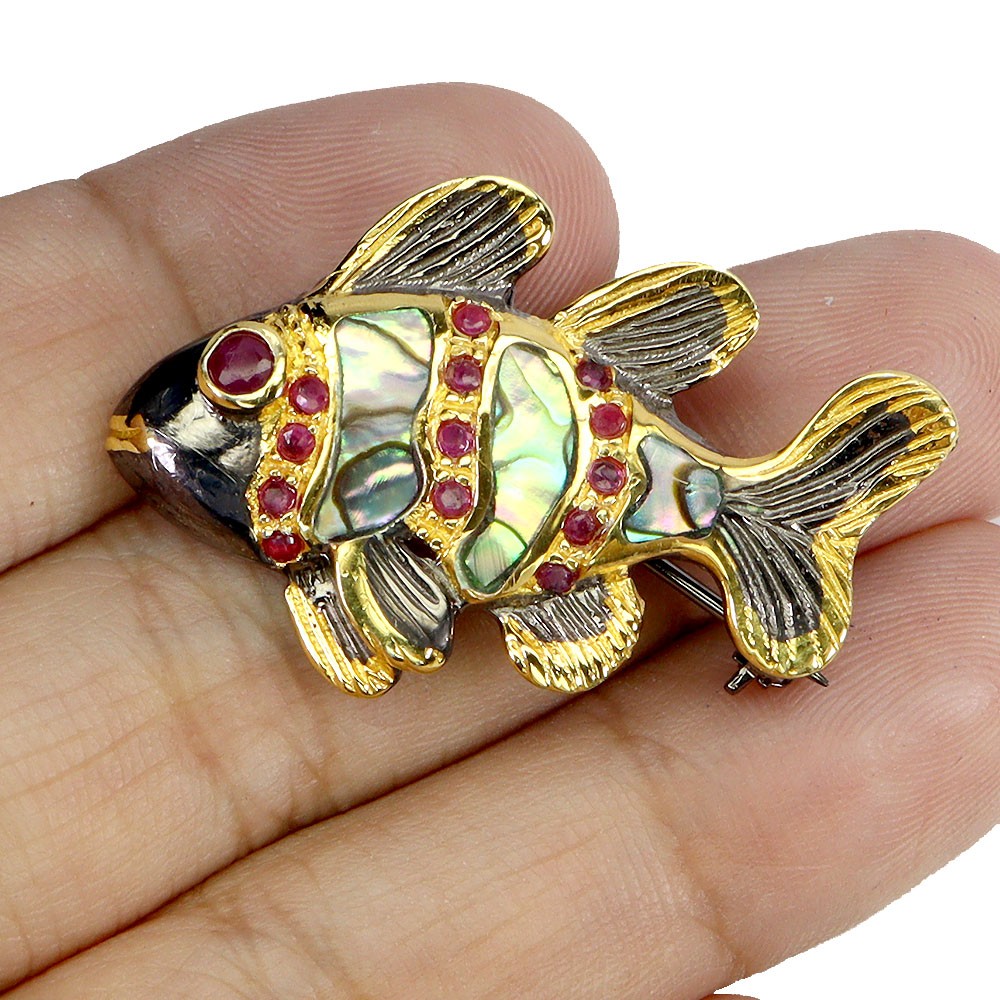 925 Plata de Ley Broche Redondo Rubí Mop Gema Natural Pez Joyería