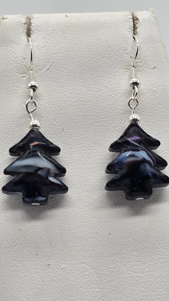 Murano Glass Christmas Tree w Stamped 925 wire Dangle Earrings. Style # 4 - Image 3 of 4