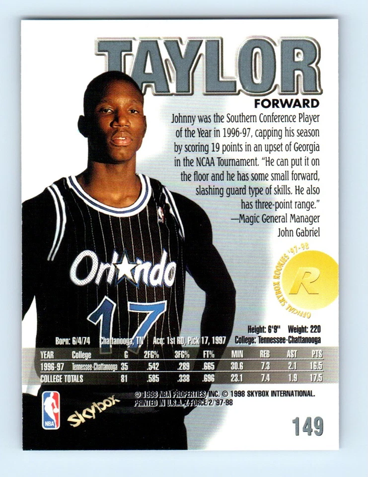 1997-98 SkyBox Z-Force Johnny Taylor Rookie Orlando Magic #149 - Image 2 of 2