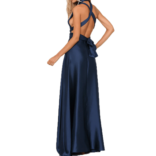Sexy Damen-Maxikleid Satin tiefer V-Ausschnitt rückenfrei ärmellos Party Abendkleid - Bild 10 von 21