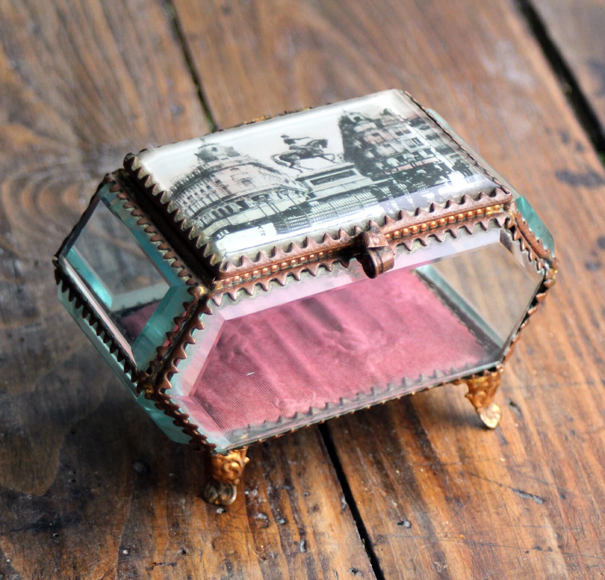 Coffret à Bijoux Ancien En Verre Et Laiton - Motif Lierre - France 19ème