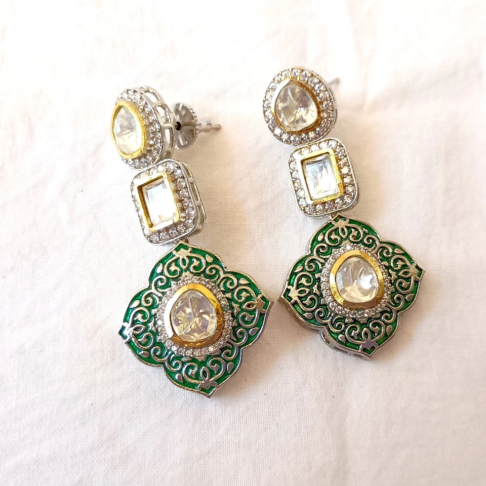 Pendiente Gota Boho Kundan Polki Chapado en Oro Verde Hecho a Mano Joyería de Boda India Foto 3 de 4