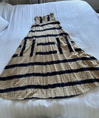 Toast Tan Brown Navy Blue Ikat Check Sleeveless Dress Size 10 Pockets