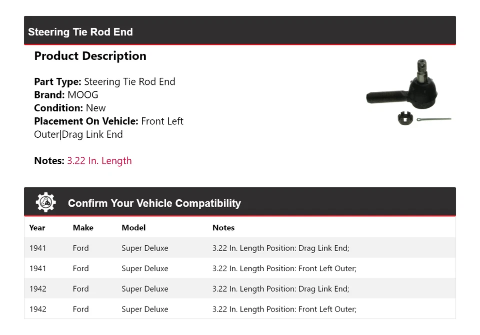 Para Ford Super Deluxe 1941-1942 extremo de barra de dirección MOOG Foto 2 de 4