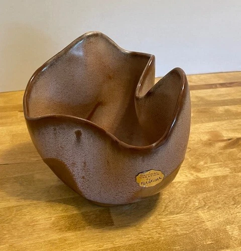 Vintage MCM Frankoma F29 Freeform Two Tone Brown Handkerchief Bowl - PAPER LABEL