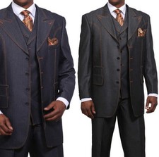 Men's High Quality Fashion Denim Look Wool Feel suit w/ Lapeled Vest, Black Navy