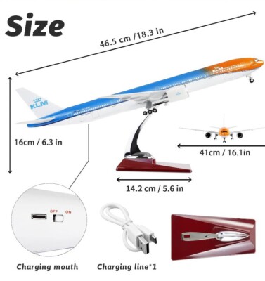 Large Scale Model Airplane KLM Boeing 777, Diecast, LED Lit Voice