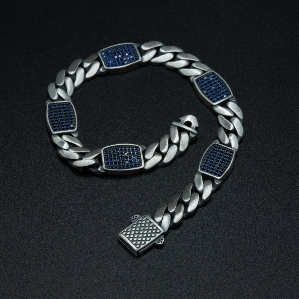 Pulseira masculina de prata esterlina 925 corrente de elos cubana 10 mm pedra preciosa de safira - Imagem 4 de 4