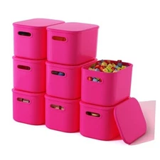 Pink Storage Bins with Lids Stackable Storage Container for 8 Pack Bright Pink