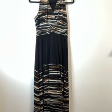 Precis Ruched Sleeveless Striped Maxi Dress V Neck Black Brown White Size Medium