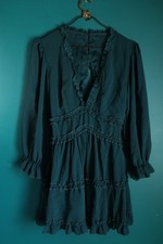 Women's Emarald Green Deep V Neck Ruffle Open Back Mini Tiered Dress Boho M