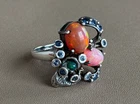Stamped 925 Vintage STERLING SILVER Statement Ring Opal Bohemian Art Deco 002