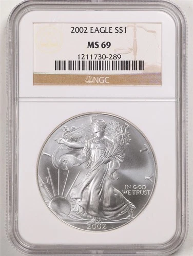 2002 1oz Silver American Eagle MS69 NGC 1211730-289