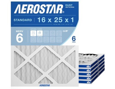 16x25x1 MERV 6 Pleated Air Filter, AC Furnace Air Filter, 6 Pack (Actual Size: 1