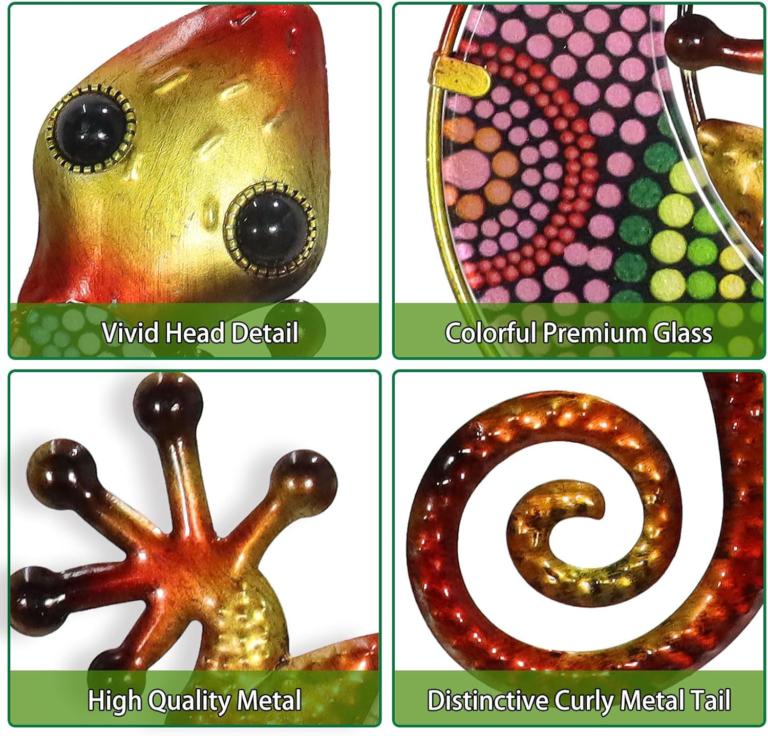 HONGLAND Metal Gecko Wall Art 2 Pack 15 Inch Lizard Outdoor Decor Hanging Glass 