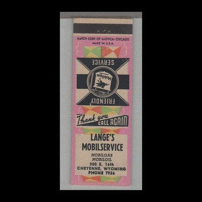 Matchbook Cover - Gas Station - Mobil Lange's MobilService Cheyenne, WY