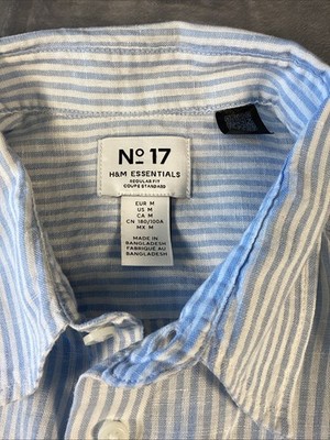 No17 H&M Essentials Shirt Men s Size M 100% Linen L/S  Blue Striped Button Down