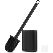 Silicone Toilet Brush and Holder Set Flexible Long Handle Wall Mounted Cleaning