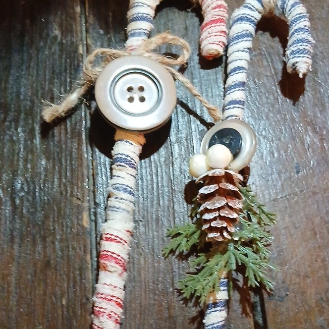 Handmade Rustic Candy Cane Ornaments with Pinecone, Buttons, Red Blue Set of 2