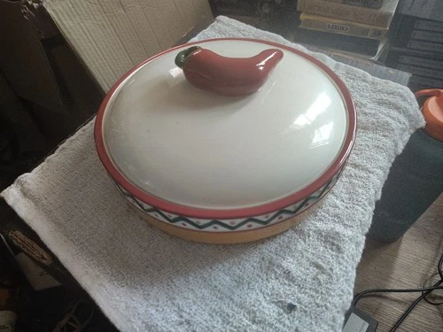 Vintage Clay Art Hand Painted Chili Pepper Tortilla Warmer with Lid