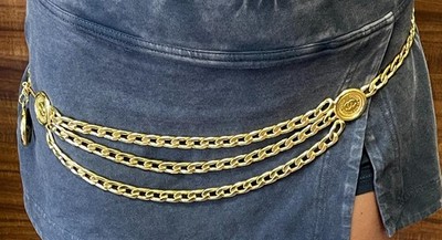 Chanel CC Logo Coin Motif Chain Belt Gold Plated CHANEL Gold Plated Black Leather CC Logos Charm Vintage  main image 2