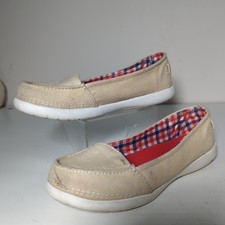 CROCS Melbourne II Short Vamp Flats Canvas Loafers Slip-on Shoes Sz W7 Tan Beige