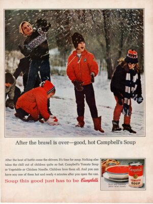 Vintage advertising print CAMPBELL'S Tomato Soup After the Brawl Snow Ball fight