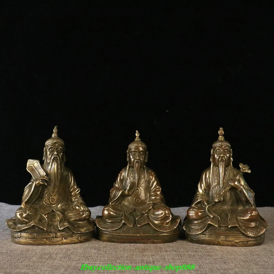 6" Old Chinese Brass Feng Shui Taoism Lord Lao Zi of the Great Monad Statue Set - Image 3 of 4