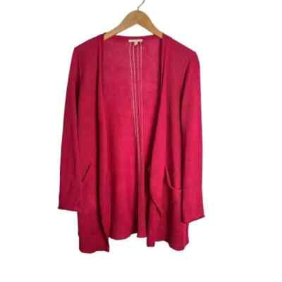 Eileen Fisher Womens Cardigan Cascade Red Linen Knit  Pockets