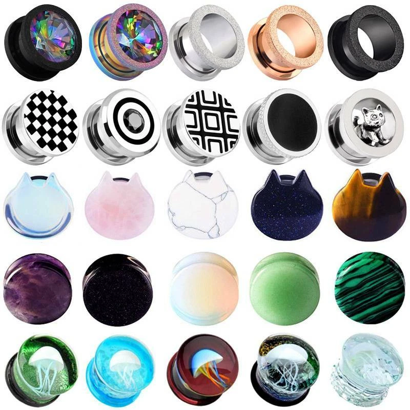 1 Pair Glass Steel Stone Ear Plugs Tunnels Piercing Jewelry Ear