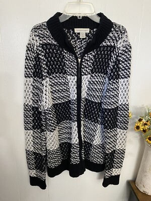 Woman s M Black & White Plaid Full Zip Cardigan Sweater bohemian Western EUC