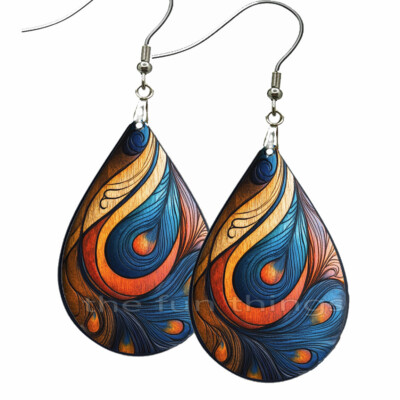 Boho Feathers & Swirls Earrings Teardrop NO TARNISH Wood Dangle Artisan Gift