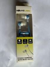 SoundLogic Stereo Earbuds Blue Built in Mic New