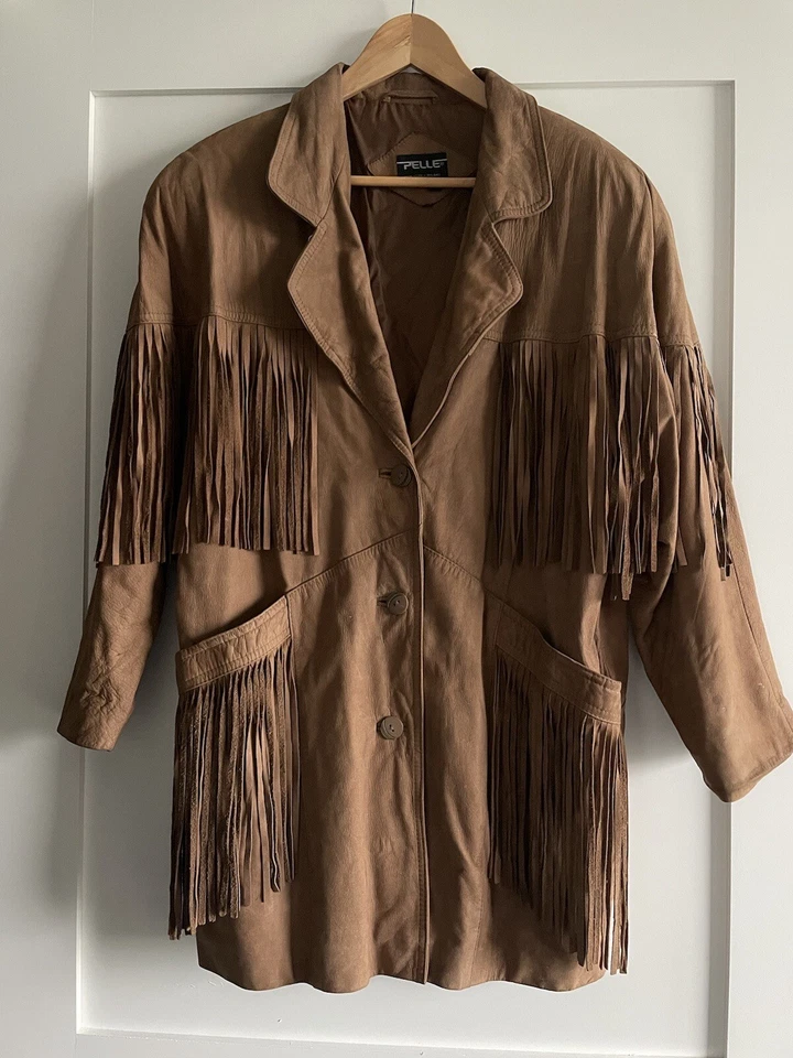 Chaqueta occidental vintage de cuero Pelle con borlas, súper suave con flecos