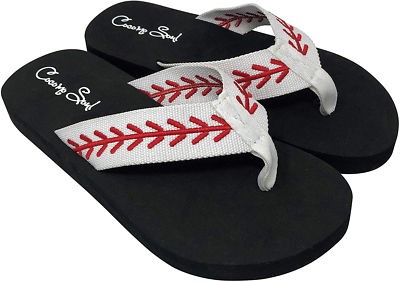 Cocomo Soul Baseball Embroidered Fabric Canvas Flip Flops Size
