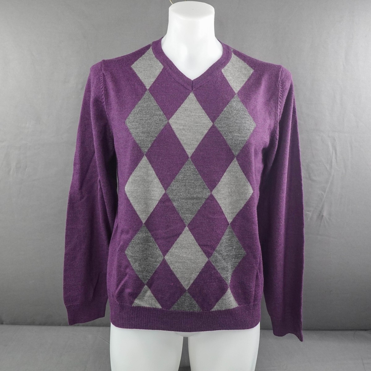 Garret Scott Mens Sweater Large Purple Argyle Preppy Wool Blend V Neck  Academia