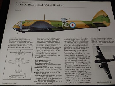 Bristol Blenheim Aircraft Picture Out of Print Article Spec Sheet Art Display   
