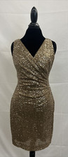 NWT Lauren Ralph Lauren Dress 8 Sequin Gold V-neck Sheath Sleeveless Knee Length