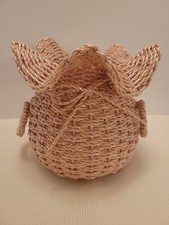 Vintage Woven Wicker Basket Pink Ruffled Rim Planter