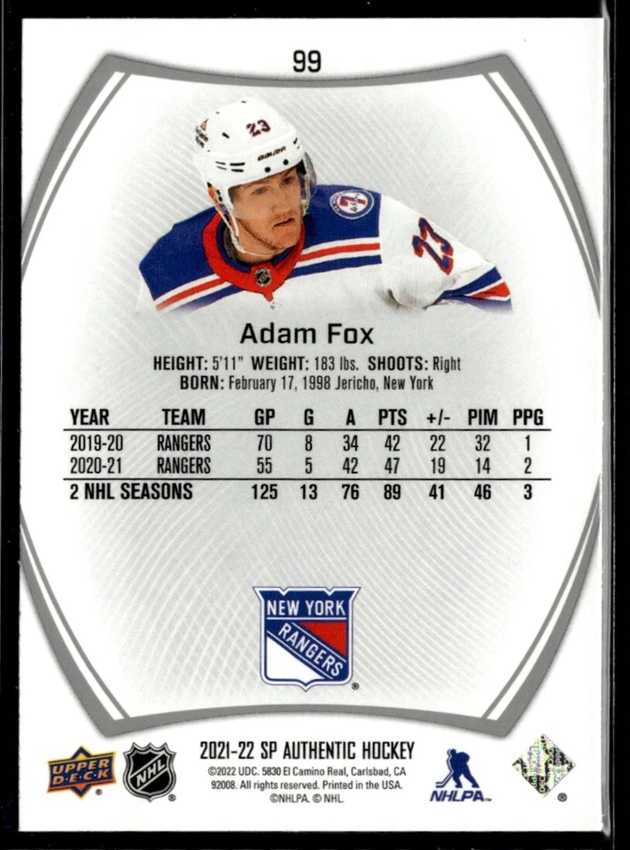 2021-22 Sp Authentic Adam Fox #99 - Image 2 of 2