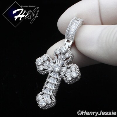 MEN SOLID 925 STERLING SILVER ICY BLING BAGUETTE CZ 3D SILVER CROSS PENDANT*P429