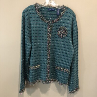 Karen Scott Women's Green w/ Multicolor Stitching & Fringe Sz Med (E1435)