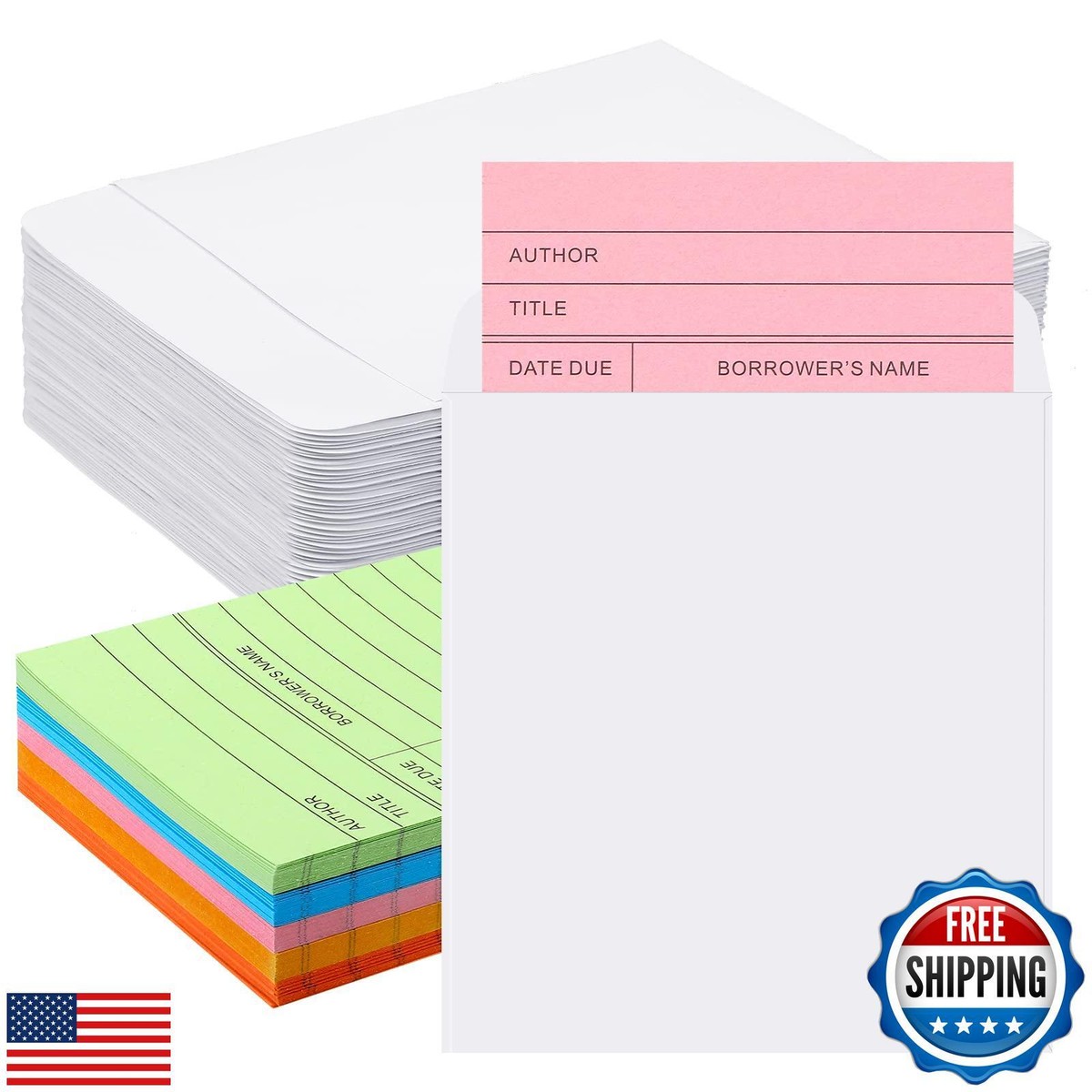 100 Pcs Library Pockets & Cards Set - Self Adhesive Book Pockets With Checkout Cards For Office & Home