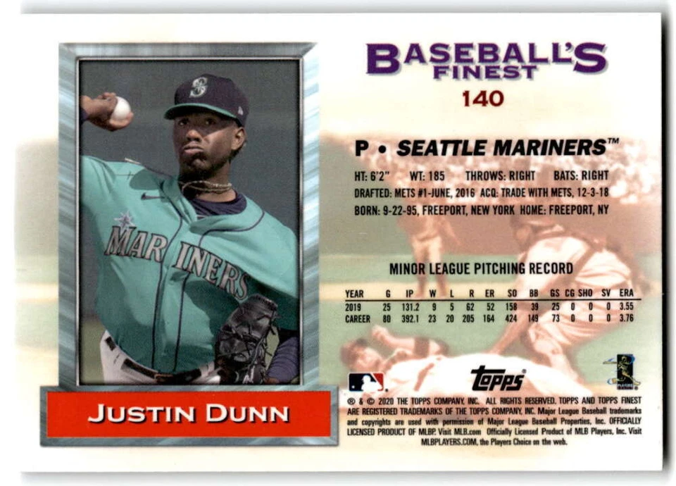 2020 Topps Finest Flashbacks #140 Justin Dunn RC Rookie Seattle Mariners - Image 2 of 2