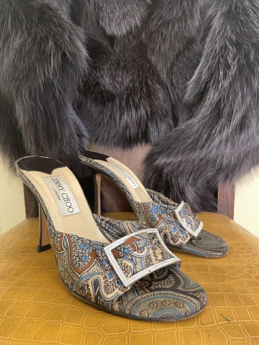 jimmy choo silk paisley 4” heel w/ rectangular rhinestone emblems