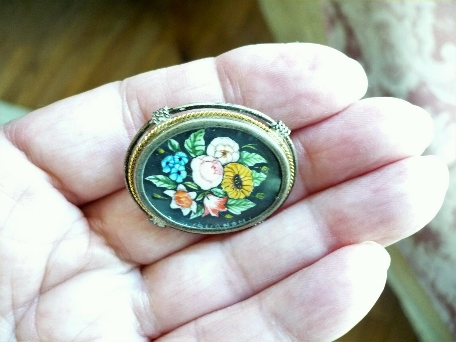 Antique 800 Silver Hand Painted Brooch / Pendant Flor… Gem