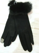 Womens Smart Gloves Black Felt Genuine Fur Trim Touch Screen Tech Tips FUL-468