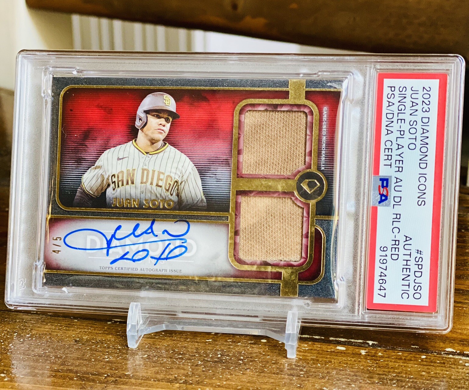 Juan Soto Red /5 Auto Dual Game Used Jersey On Card Diamond Icons PSA/DNA POP 1