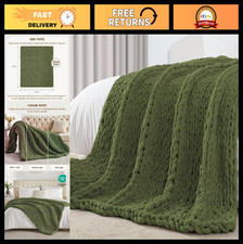 Chunky Knit Throw Blanket 50"x60" - 100 Handmade Cozy Olive Green Decor